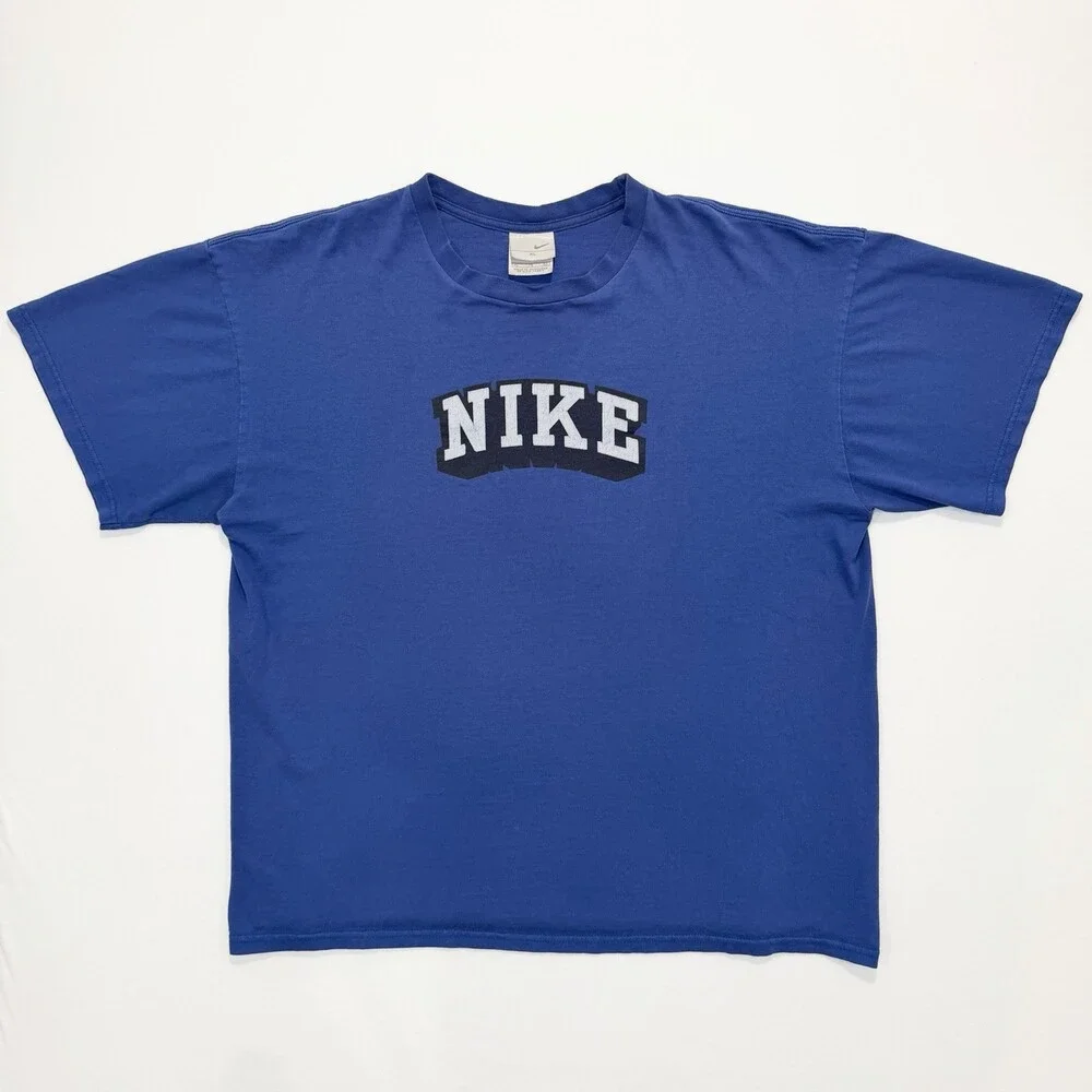 Vintage 90s Nike Graphic Tee Blue Spellout XL Gray Tag Made in Honduras T Shirt